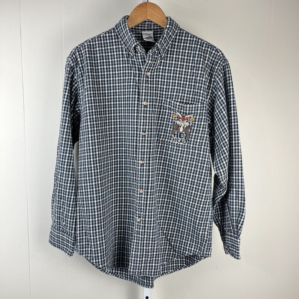 Warner Bros Studio Store VTG 90s Wile E Coyote Embroidered Flannel Shirt Small - Picture 2 of 8